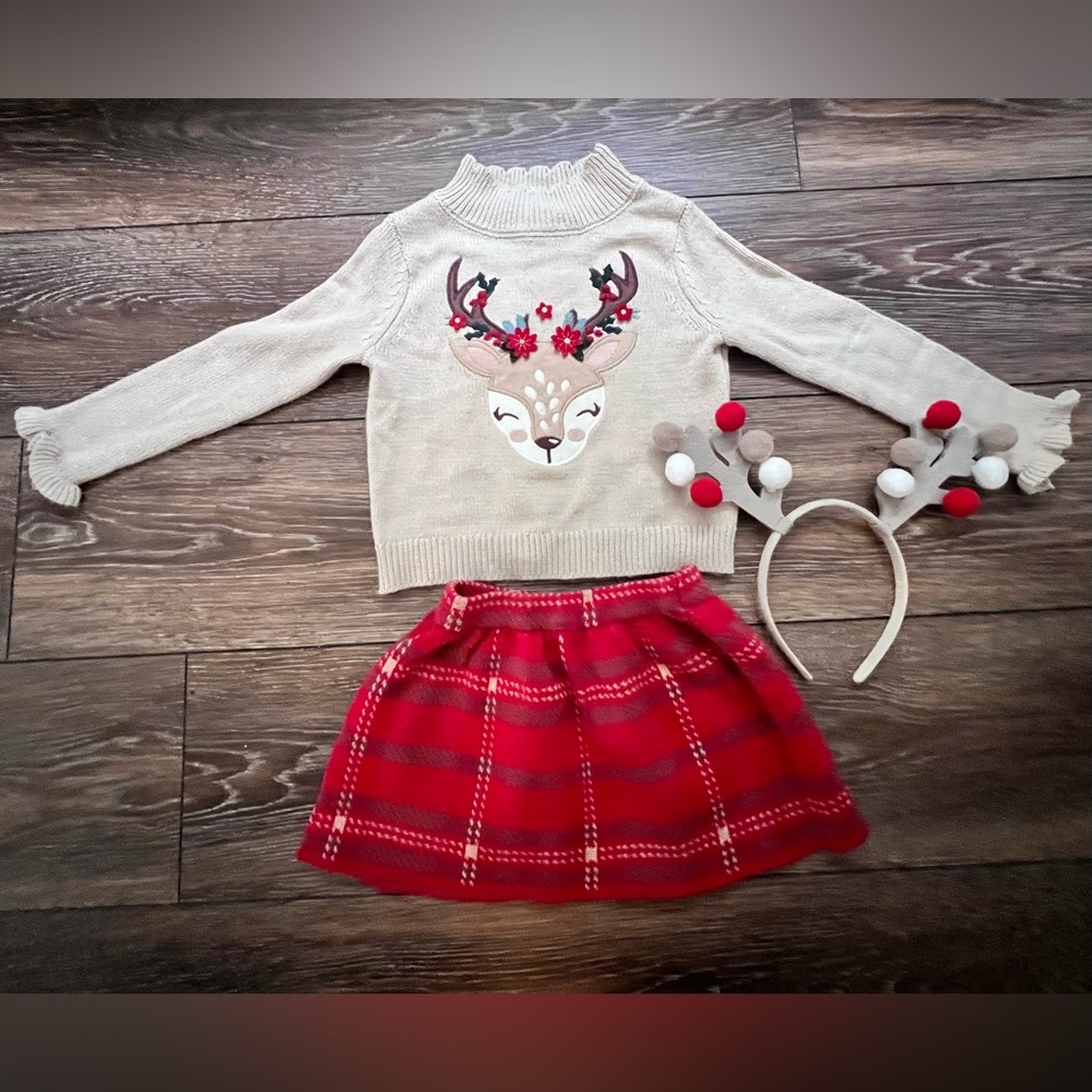 Girls holiday outfit - reindeer sweater, knit skirt and antler headband.
